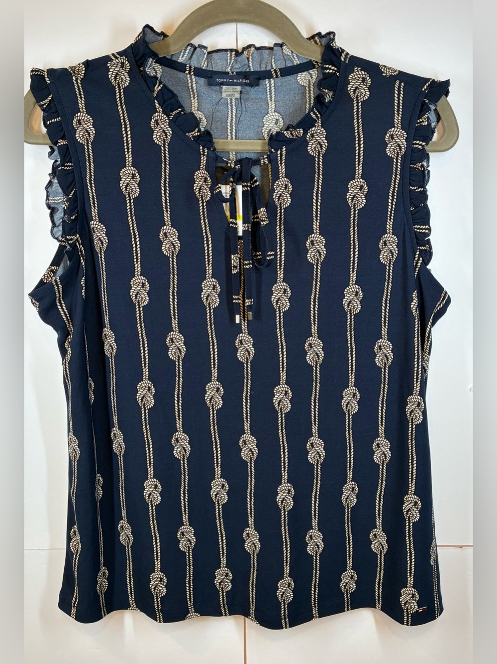 Tommy Hilfiger Navy Rope-Print Ruffle Sleeve Tie Neck Blouse Women's Medium NWT